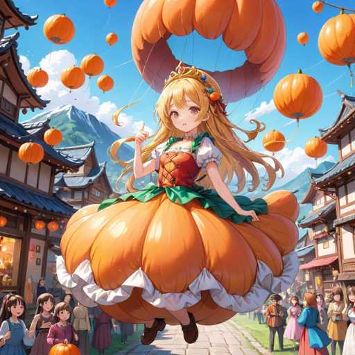 The image depicts a girl wearing an orange dress with green and white accents, holding a large orange balloon that is being lifted by strings. The background shows traditional Japanese buildings under a clear blue sky dotted with orange lanterns.