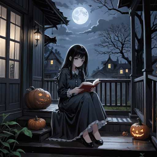 A young girl is sitting on a porch at night, reading a book with her head tilted back and eyes closed as she gazes up at the full moon. The porch has a wooden railing and two pumpkins are placed in front of it - one carved to look like a jack-o-lantern and the other painted to resemble a pumpkin face.