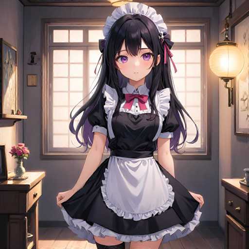 A young girl with long dark hair and purple eyes stands in a room filled with natural light from a window behind her. She is wearing a black and white maid's outfit that includes a ruffled skirt and a white apron tied at the waist with a red ribbon. The girl appears to be posing for the camera, standing confidently against a wooden wall adorned with a painting of flowers on the left side of the image.