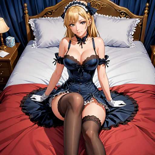 A woman is depicted sitting on a bed with her legs crossed and wearing a corset and stockings. She has blonde hair styled in loose waves and is wearing a headband. The background features a red curtain and a nightstand with a lamp.