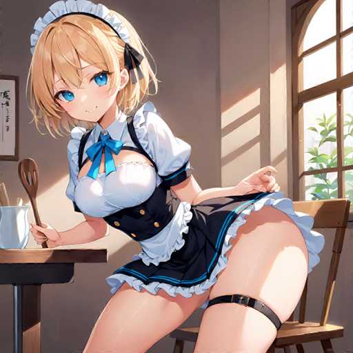 A young girl with blue eyes and blonde hair is depicted wearing a maid's uniform consisting of a white dress with blue trim and a matching blue headband. She holds a wooden spoon in her right hand while standing next to a table holding a pot and a cup. The background features a window, suggesting an indoor setting such as a kitchen or dining area.