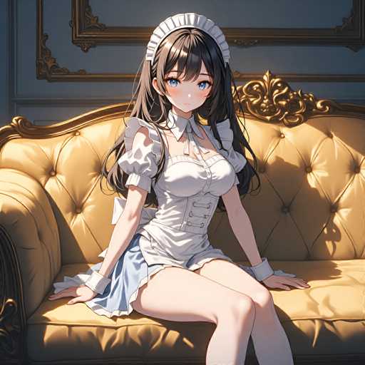 A young girl with long dark hair is sitting on a yellow couch wearing a white dress and a white headband.