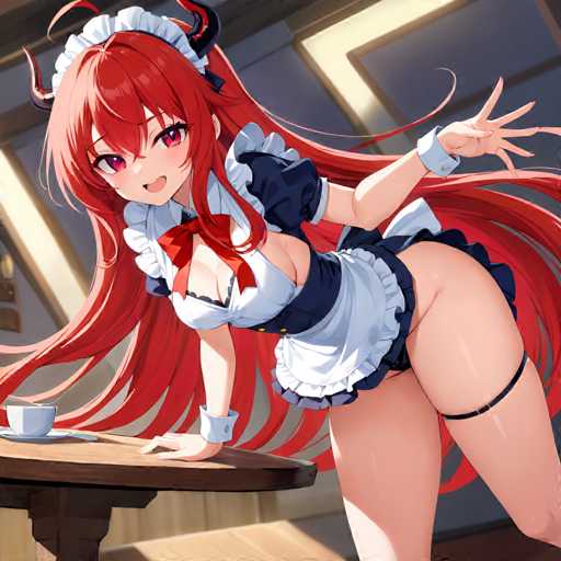A red-haired woman with a white apron and red headband is shown leaning on a wooden table while holding a cup of coffee.