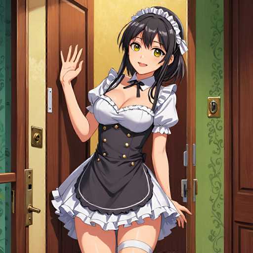 A woman dressed as a maid is standing in front of an open door with her arms raised and a smile on her face.