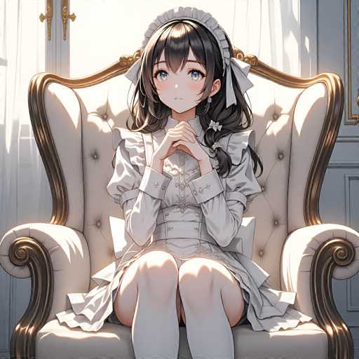 A young girl with long dark hair is sitting on a white chair and wearing a white dress and a white headband.