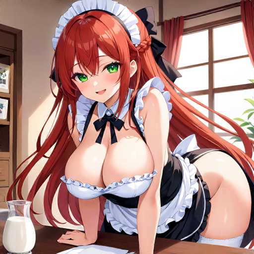 The image depicts an anime character wearing a maid's uniform with a white and black dress, red hair, and a white headband. The character is seated at a desk, holding a glass of milk in one hand and a book in the other.