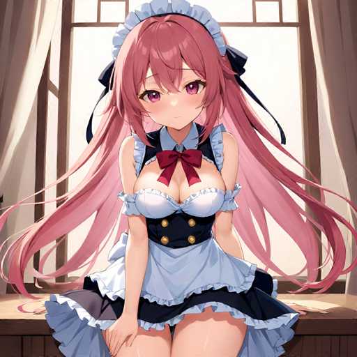 The image shows an anime character with long pink hair and a maid's uniform sitting on a wooden bench. The character is wearing a blue and white striped apron and has a red bow in her hair.