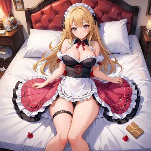 A woman with blonde hair and a red headband is depicted wearing a maid's uniform on a bed. The bed has white sheets and a red comforter, and there are roses scattered around the bed.