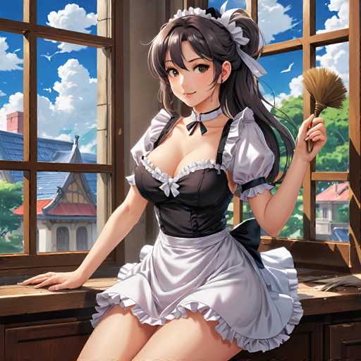 A woman wearing a maid's uniform with a black and white dress and a headband is shown sitting at a window sill holding a broom.