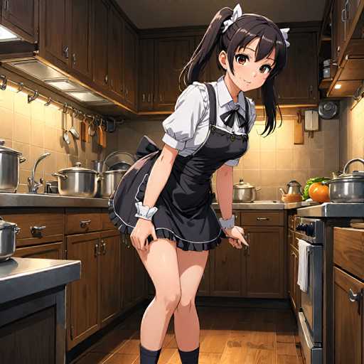 A young girl with long brown hair and a black apron is standing in the center of a kitchen, holding a knife over her head as she looks down at it. The kitchen features wooden cabinets and stainless steel appliances, creating an industrial-chic aesthetic.