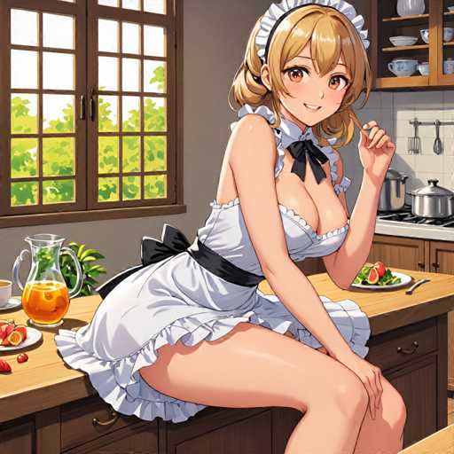 A woman is depicted as a maid in a kitchen setting. She is wearing a white dress and a black headband, with her legs crossed over the countertop. The kitchen features wooden cabinets and a window that allows natural light to enter the room. On the countertop are various items including an orange juice pitcher, a plate of food, and a vase filled with flowers.