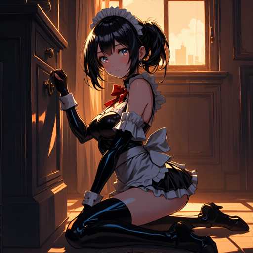 A woman dressed as a maid is kneeling on her knees with her hands resting on the floor and looking up at something off-camera.