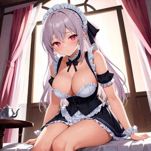 A woman with long blonde hair and a white dress is sitting on a bed next to a window. She has red eyes and is wearing a black and white maid's outfit that includes a headband. The room appears to be a bedroom or dressing room, as indicated by the presence of a table and curtains in the background.