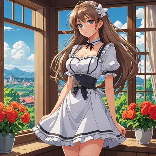 A young girl with long brown hair is standing in front of a window that overlooks a town. She is wearing a white dress and a black belt cinched at the waist. The room has wooden floors and a potted plant on one side.