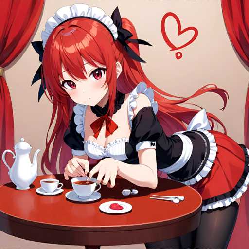 A young girl with red hair is sitting at a table with a teapot and cups of tea on it. She is wearing a maid's outfit that includes a black and white dress and a matching headband. The background features a red curtain and a heart-shaped decoration, suggesting the scene takes place in a cozy or intimate setting.