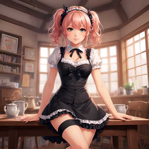 A young girl with pink hair and a black and white maid's outfit is sitting at a table in front of a window, wearing a black dress with a white collar and ruffled skirt.