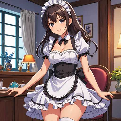 A young girl with long brown hair and a white dress is standing in front of a window wearing a black and white maid's outfit. She has her hands on her hips and is smiling at the camera. The room around her features a wooden desk with a vase of flowers, a lamp, and a chair.