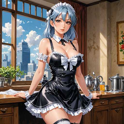 A woman with blue hair and a maid's outfit is shown leaning against the counter of a kitchen. The kitchen features wooden cabinets and a window that offers a view of a city skyline.