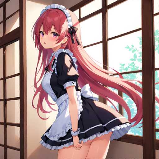 A young woman with long red hair wearing a maid's uniform and a white ruffled skirt is standing in front of a window.