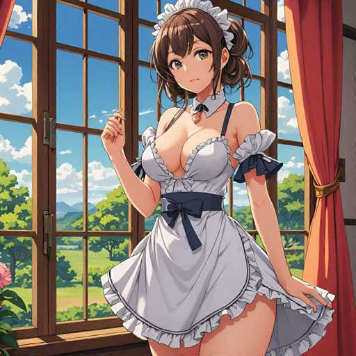 A woman dressed as a maid stands in front of an open window with curtains and trees visible outside the window.
