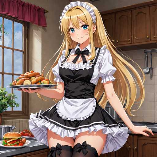 A woman wearing a maid's uniform with a black and white ruffled skirt and a matching headband is standing in front of a kitchen counter holding a plate of food. The kitchen features wooden cabinets and a window that lets in natural light. On the counter are plates of food, including a sandwich and a burger.