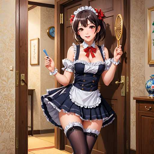 A woman dressed as a maid is standing in front of a door with her hair styled in an updo and wearing a blue and white maid's outfit that includes a red headband. She holds a toothbrush in one hand and a fan in the other. The room has a floral wallpaper, and there are two vases on display - one on a table near the doorway and another on a shelf above it.