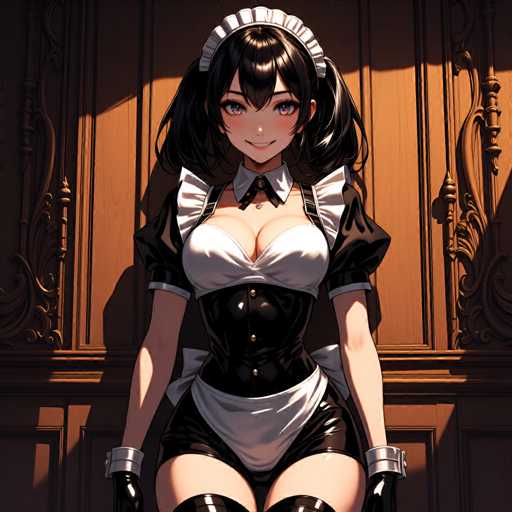 A woman dressed as a maid is standing against a wooden wall with a gold door and window frame. She has black hair styled into braids and is wearing a white dress with a black belt cinched at the waist. The background features an orange hue that complements her attire, creating a warm and inviting atmosphere.