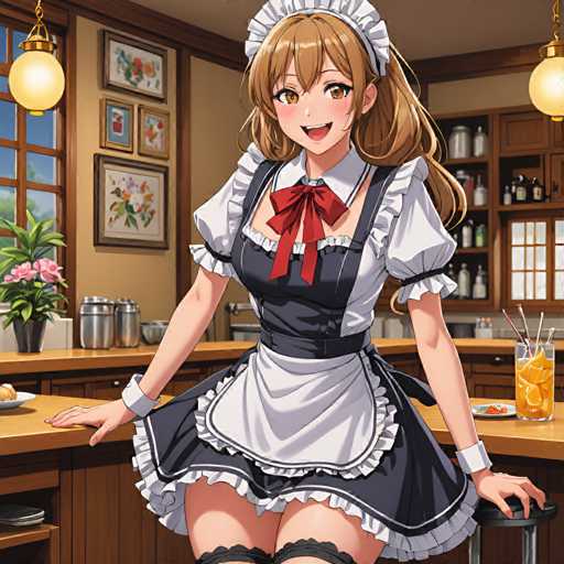 A woman wearing a maid's uniform with a red ribbon around her neck and white ruffled sleeves is standing at the bar of a restaurant or diner. She has brown hair styled into loose waves and is smiling. The background features a wooden counter and shelves filled with various bottles, suggesting that this scene takes place in a kitchen or dining area.