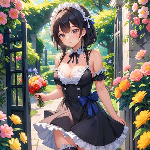 A woman with black hair and a white headband is shown walking down a path through a garden filled with pink flowers. She is wearing a black dress with a blue ribbon around her waist.