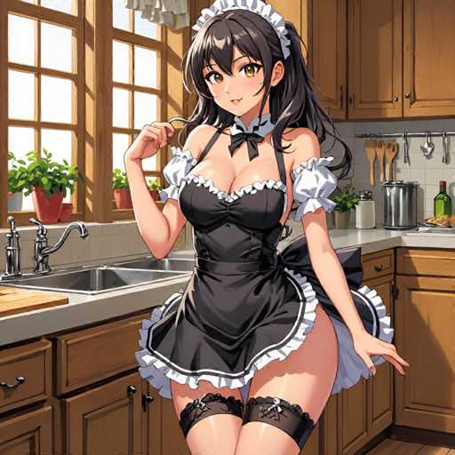 A woman wearing a maid's uniform with a black and white ruffled skirt and a white apron is standing in front of a kitchen sink holding a glass of water. The kitchen features wooden cabinets and a window above the sink that lets in natural light.