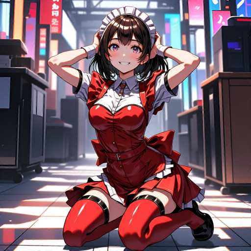 A woman dressed as a maid is kneeling on her knees with her arms raised above her head and wearing red boots and a white dress with a bow around her neck. The background features a store or warehouse setting with various items for sale, including a TV screen displaying the word "X".