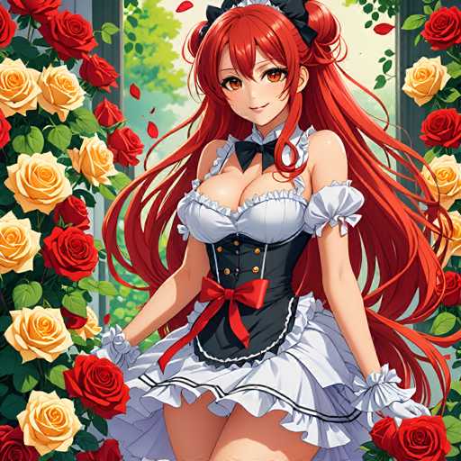 A woman with red hair and a white dress is standing in front of a garden filled with roses. She has her arms crossed over her chest and is smiling at the camera.