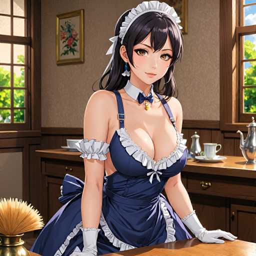 A woman with long dark hair is depicted wearing a blue and white maid's outfit, including a ruffled collar and a headband. She stands confidently against the backdrop of a kitchen counter filled with various items such as cups, bowls, and a vase. The room has wooden walls and a window that allows natural light to enter, creating an atmosphere of warmth and comfort.