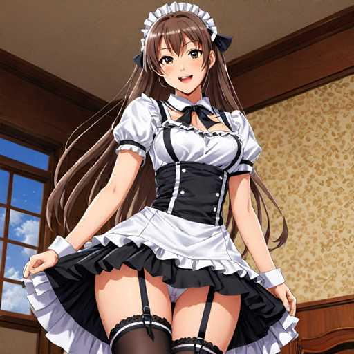 A woman wearing a white and black maid's outfit with a black and white striped skirt and a black and white striped stockings is shown standing in front of a window dressed in a white dress shirt and black bow tie.