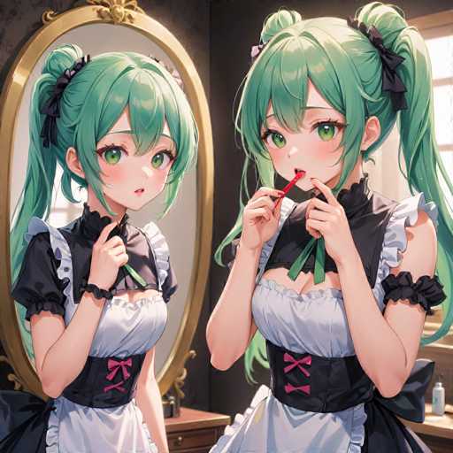 The image depicts two anime characters wearing traditional maid outfits and holding a red brush with white bristles. The character on the left is wearing a black and white dress with pink ribbons, while the character on the right is wearing a green dress with pink ribbons. Both characters are standing in front of a mirror, which reflects their image back at them.