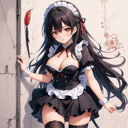 A woman with long dark hair and a black dress is standing against a white wall. She has her left hand on the wall and her right hand is raised, as if she's about to speak or gesture something. The background of the image features a red feather, which appears to be floating in front of the woman.