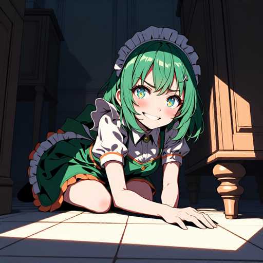 A green-haired girl with a white dress and a white ruffled apron is crouching on the floor of a room with wooden floors and a window.