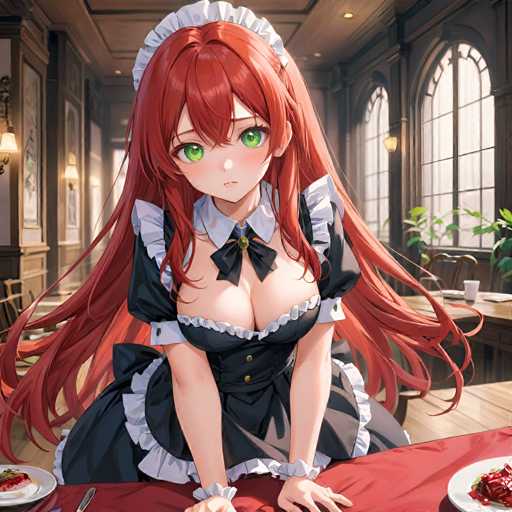 A woman with long red hair wearing a maid's uniform and a white ruffled collar is seated at a table with a plate of food in front of her.