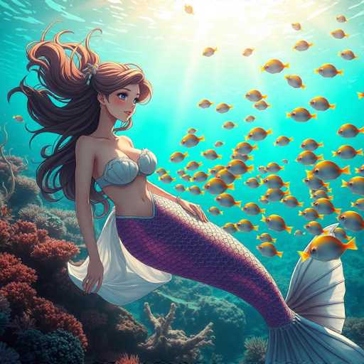 A mermaid with long brown hair and a white top is swimming among coral reefs in the ocean. The background features a variety of fish in different colors, including yellow, orange, and blue.