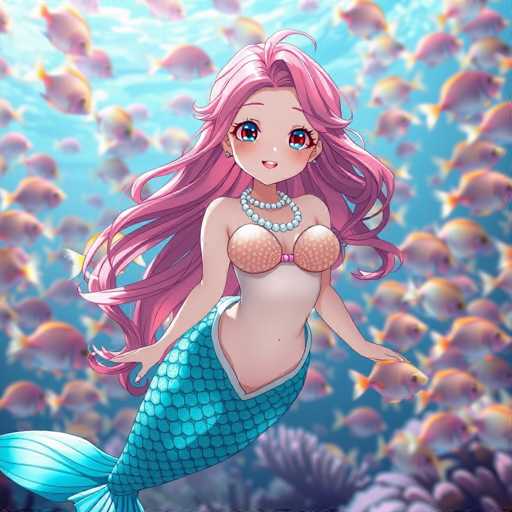 A mermaid with long pink hair and a pearl necklace is swimming among colorful fish in the ocean.