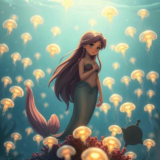 A mermaid with long brown hair and a green tail stands on the ocean floor surrounded by numerous jellyfish of various sizes and colors including yellow, orange, pink, and white.