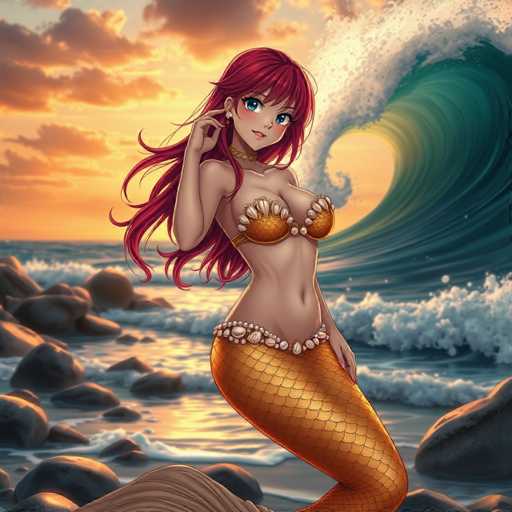 A woman with long red hair is depicted as a mermaid standing on rocks at the beach during sunset. She is wearing a gold bikini top and has her hair styled in an updo. The ocean behind her is filled with waves crashing against the shore, creating a dramatic backdrop for her serene pose.