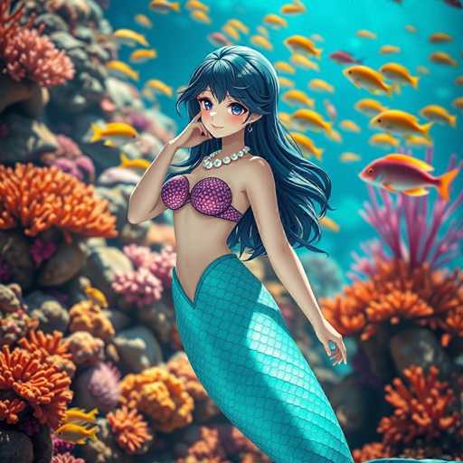 A mermaid with long dark hair and a pearl necklace stands in front of an underwater coral reef filled with orange and pink corals. The background is a deep blue color, creating a contrast that highlights the mermaid's presence.