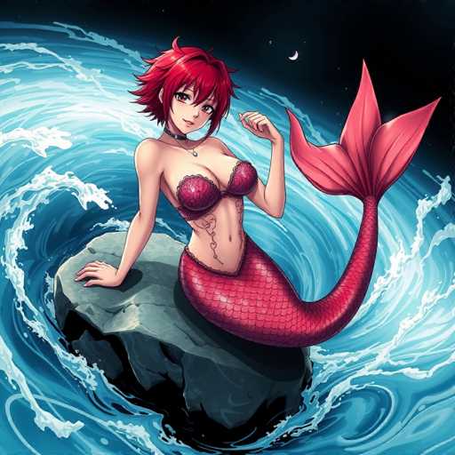 A woman with red hair and a tattoo on her left breast is depicted as a mermaid sitting on a rock in the ocean. The background shows waves crashing against rocks and the moon rising over the water.