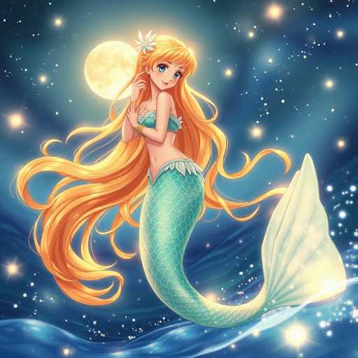 A beautiful mermaid with long blonde hair and a flower on her head is depicted against the backdrop of a starry night sky. The mermaid is standing on a wave that is illuminated by the moonlight, creating a serene and magical atmosphere.