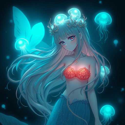 A young girl with long blonde hair is standing in a dark room filled with blue and green lights that resemble jellyfish or sea creatures. She is wearing a mermaid tail skirt and a crown made of jellyfish on her head. The background features several jellyfish floating around the girl, creating an underwater scene.