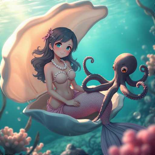 A mermaid is depicted sitting inside a large shell with her arms and legs spread out on the ocean floor. A sea octopus is also present within the shell, resting its head on the mermaid's back. The background features an underwater scene of coral reefs and other marine life.