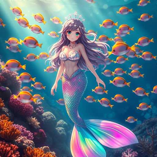 A mermaid with long purple hair and a pearl necklace stands in the center of an underwater coral reef, surrounded by numerous fish in shades of orange, yellow, and white.