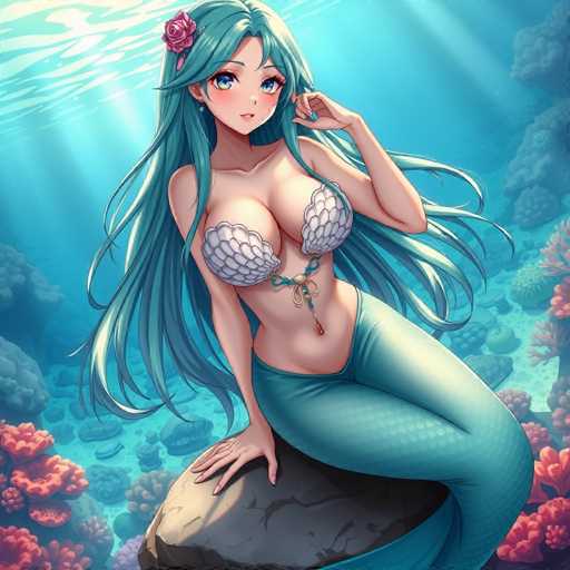 A mermaid with long blue hair is depicted wearing a white bikini top and green pants while standing on a rock surrounded by coral reefs and fish.