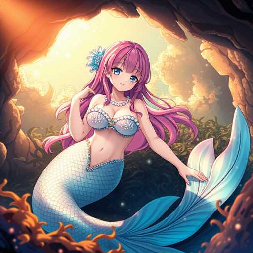 A mermaid with long pink hair and a pearl necklace is shown in the center of an underwater cave, surrounded by rocks and plants.